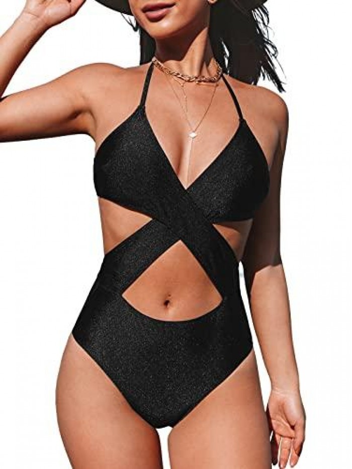 Women One Piece Swimsuit V Neck Halter Cut Out Criss Cross Front Self Tie Monokini Bathing Suit 