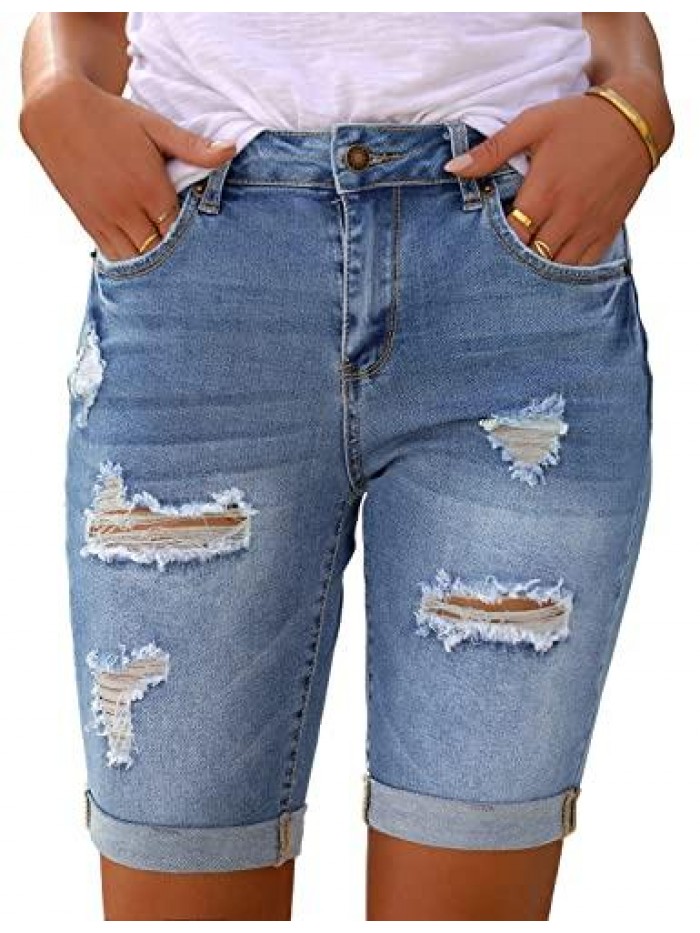 Women's Casual High Waisted Rolled Hem Bermuda Shorts Ripped Denim Jean Shorts 