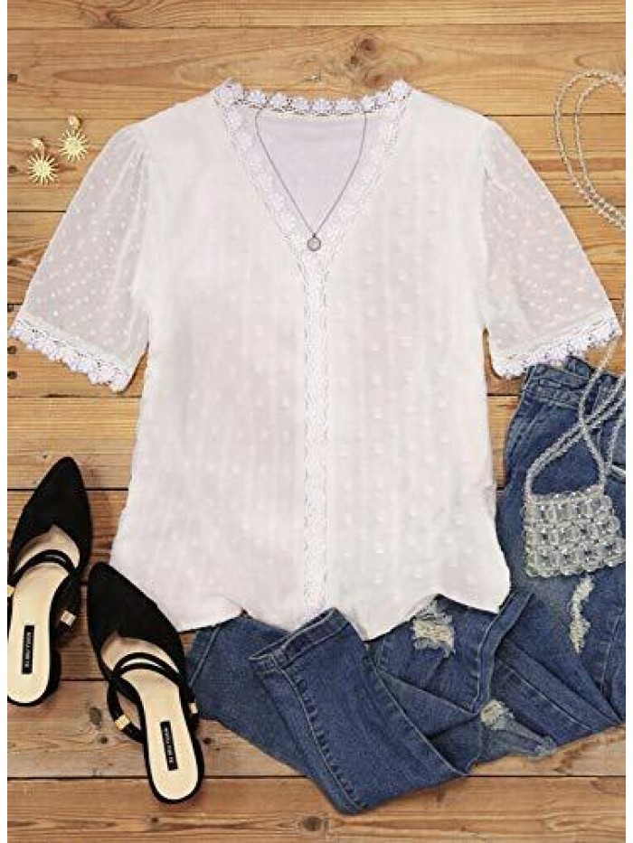 Womens Sexy Lace V Neck Tops Casual Jacquard Pom Pom Shirt Blouse 