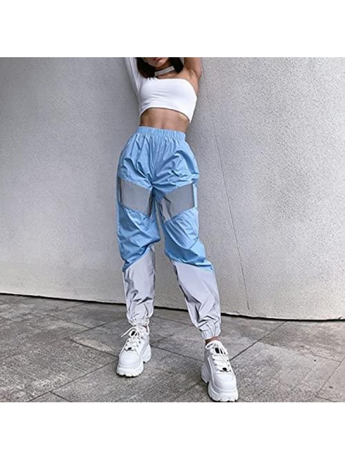 Women's Rave Reflective Pants with Pocket Sport Joggers Pants Track Trouser Sweatpants Party Festival Club Outfit 