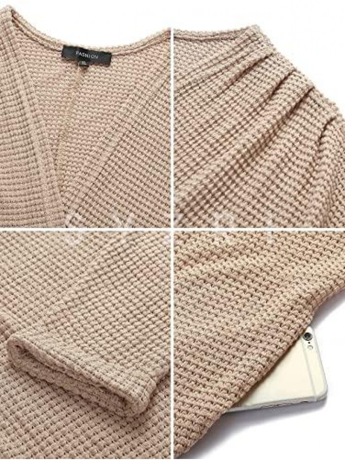 Women's Waffle Knit Batwing Long Sleeve Cardigan Oversized Open Front Sweater with Pockets 