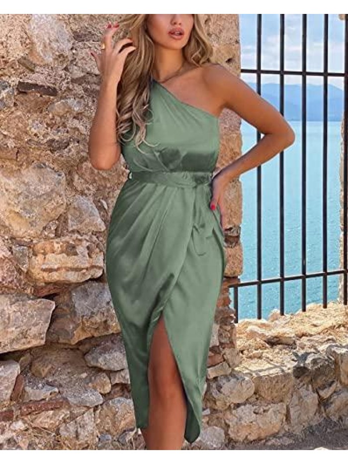 Women's Ruched Bodycon Dress Asymmetrical Sleeveless One Shoulder Wrap Satin Belted Cocktail Midi Dress 