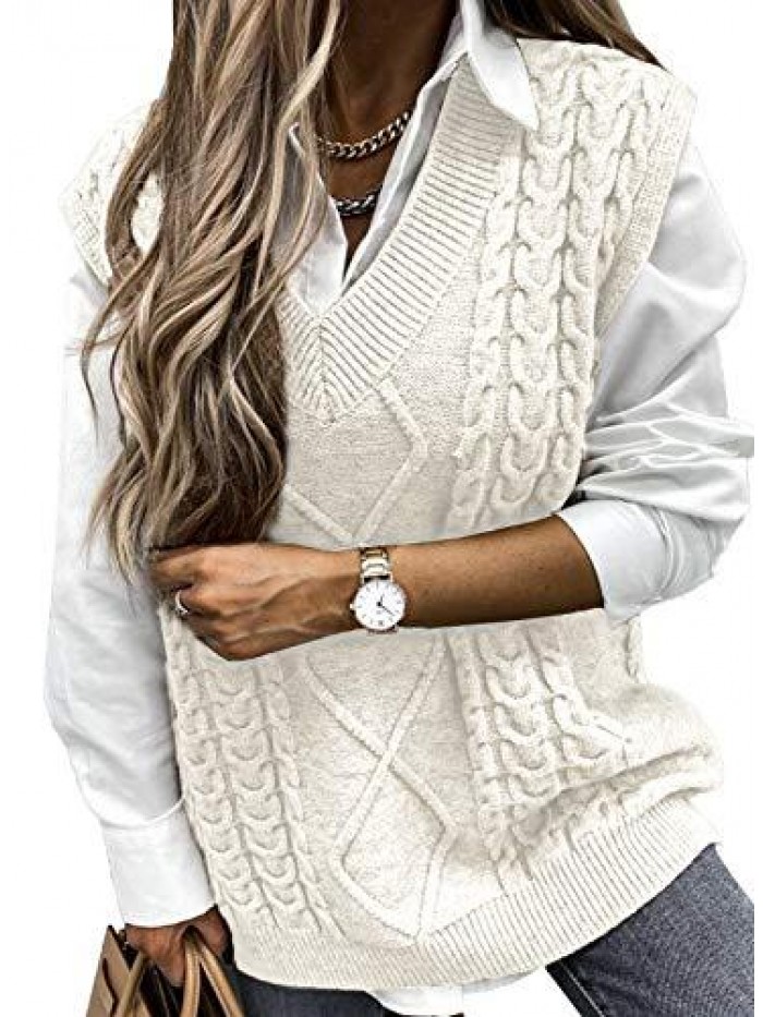 Women's Oversized Solid Color V-Neck Knitted Vest Cable Sleeveless Sweater(S-2XL) 