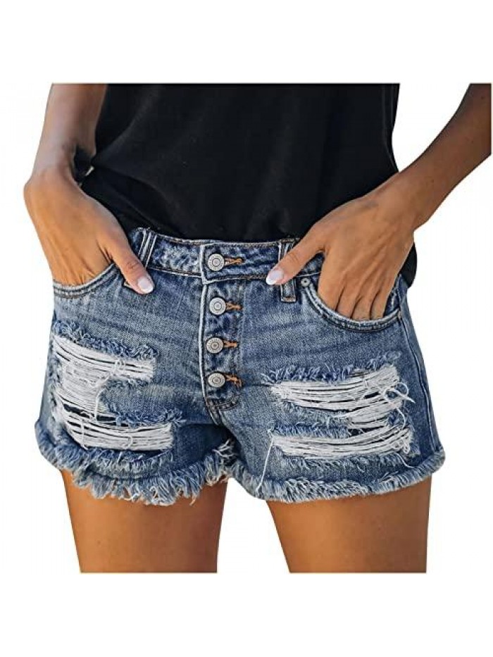 Low Rise Short Jeans Summer Soft Comfy Stretchy Button Ripped Frayed Distressed Casual Denim Shorts Hot Pants 