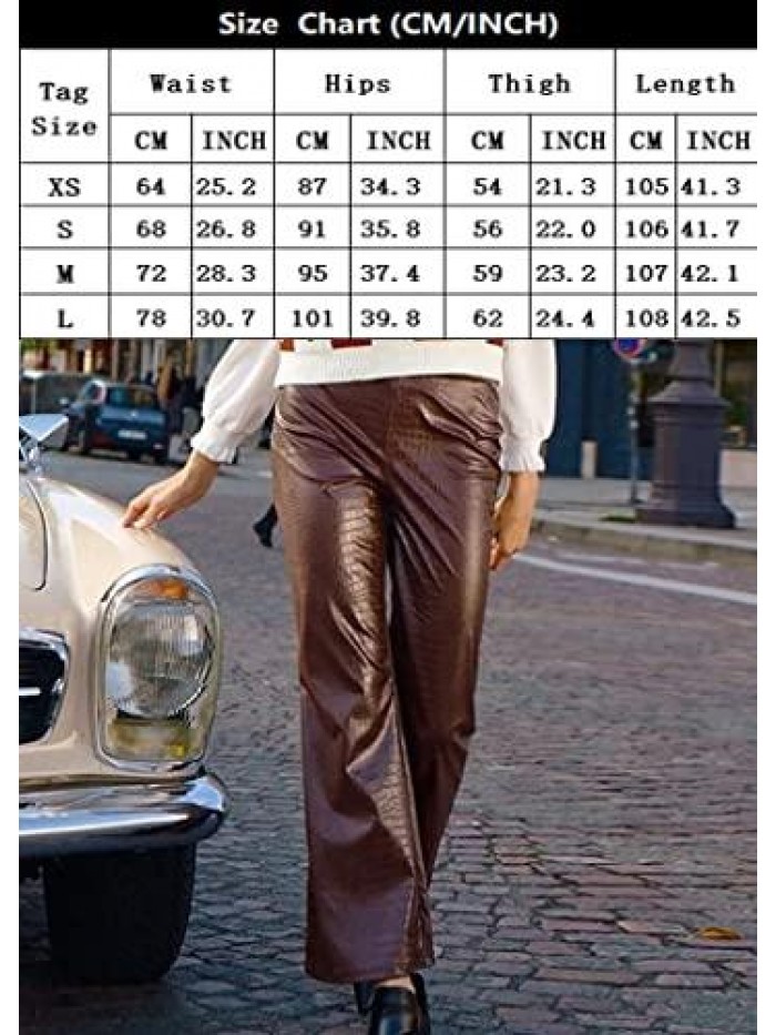 Crocodile Effect Straight Leg PU Leather Trousers High Waist Faux Leather Pants 