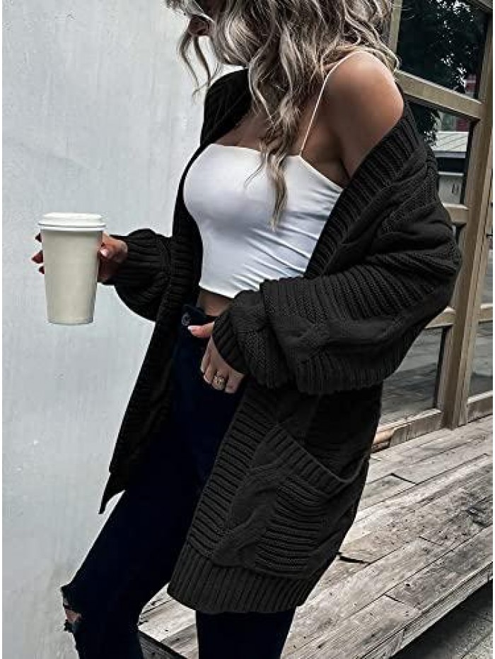 Women's Cable Knit Long Sleeve Cardigans Chunky Open Front Sweater Casual Outwear Coat with Pockets 