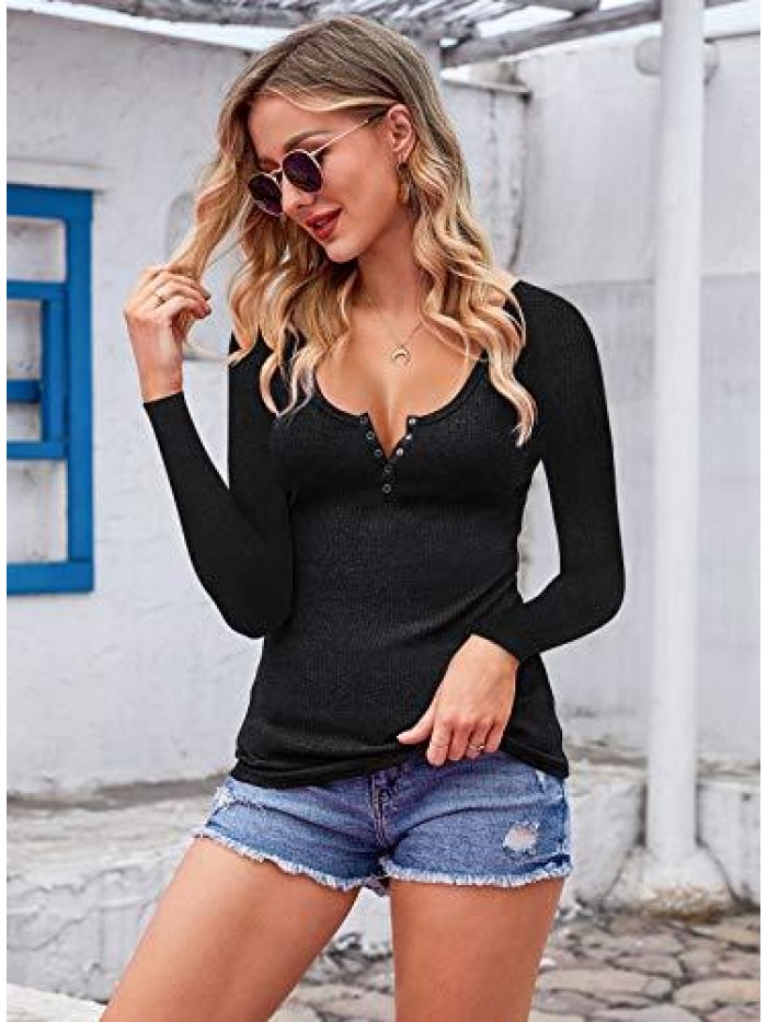 Scoop Neck Henley Sweatshirts Low Cut Solid Sexy Fall Long Sleeve Button Down Shirts 