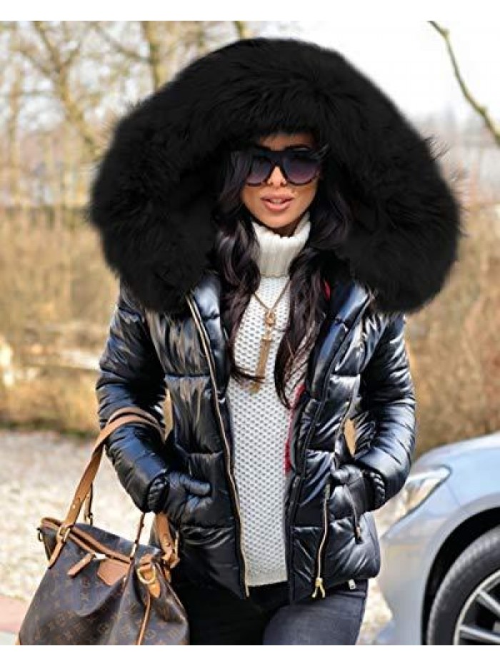 Women's Winter Thicken Coat Lightweight Short Down Jacket Quilted Parka with Fur Hood 