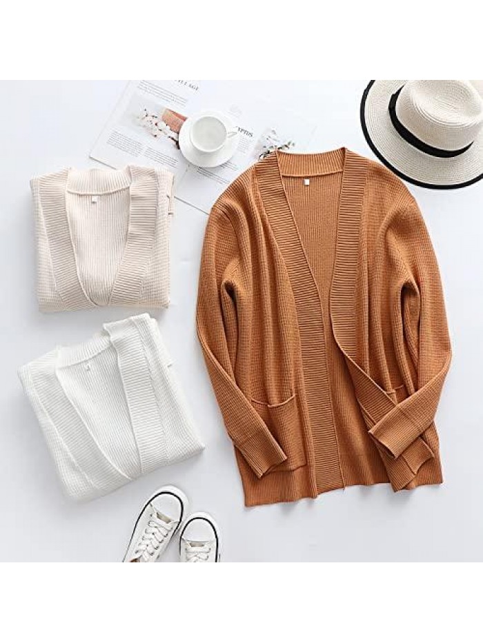 Womens Long Sleeve Casual Loose Knit Open Front Solid Soft Chunky Sweater Cardigan with Pocket 