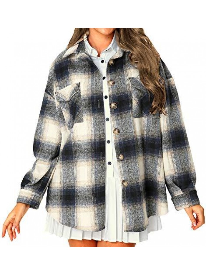 Shacket Womens Oversize Button Down Long Sleeve Wool Plaid Shacket Jacket for spring fall winter 