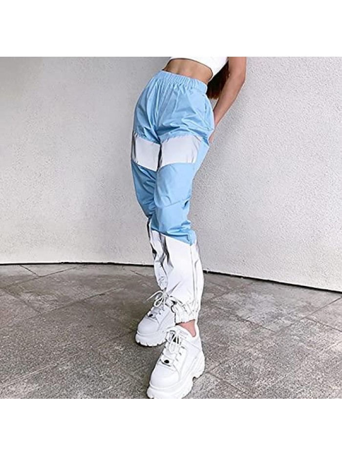 Women's Rave Reflective Pants with Pocket Sport Joggers Pants Track Trouser Sweatpants Party Festival Club Outfit 