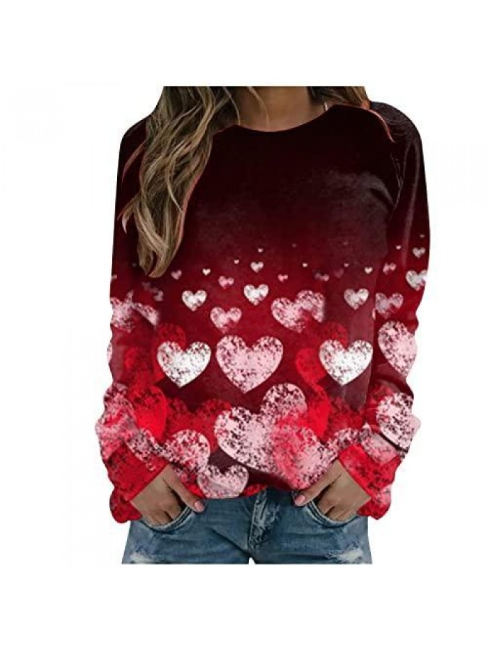 Heart Print Valentine's Day Sweatshirt Love Letter Long Sleeve Crewneck Shirt Cute Casual Loose Pullover  