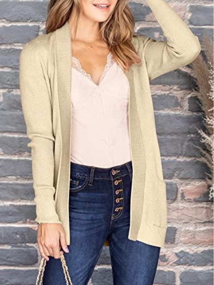 Womens Long Sleeve Casual Loose Knit Open Front Solid Soft Chunky Sweater Cardigan with Pocket 