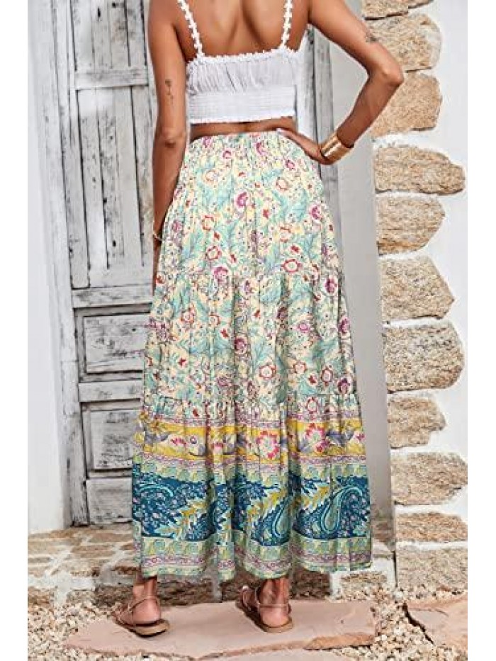 Women Boho Ditsy Floral Elastic High Waisted Maxi Dress Skirt Flowy Long Pleated Skirt A Line Long Skirt 