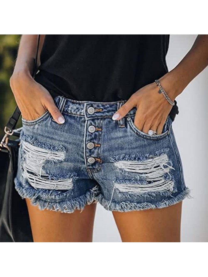 Low Rise Short Jeans Summer Soft Comfy Stretchy Button Ripped Frayed Distressed Casual Denim Shorts Hot Pants 