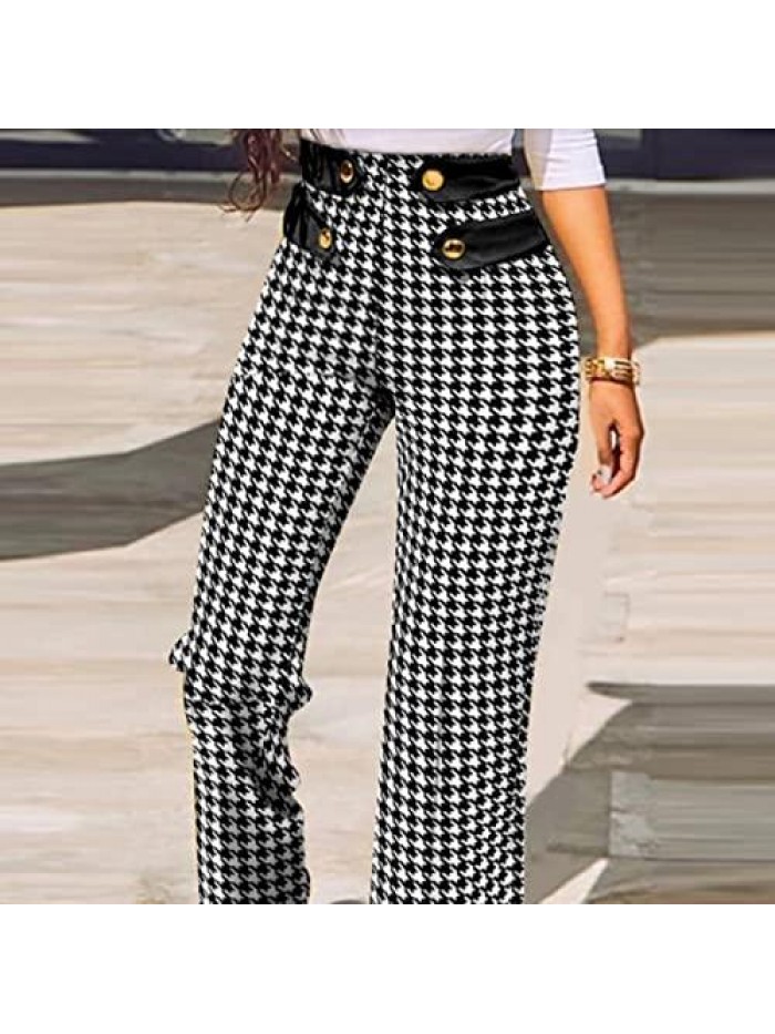 for Women Fashion Plaid Print Dress Pant Elegant Slim Fit Straight Button Casual Suit Pants Pencil Trousers 