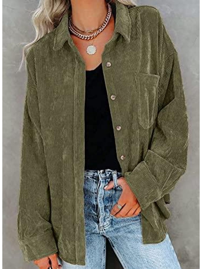 Women's Corduroy Shirt Long Sleeve Button Down Blouse Casual Oversized Jacket with Pocket 