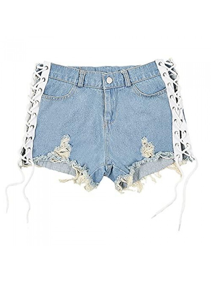 Women's Ripped Frayed Raw Hem Denim Shorts Mid Rise Casual Summer Bermuda Shorts Side Lace Up Sexy Club Short Jeans 