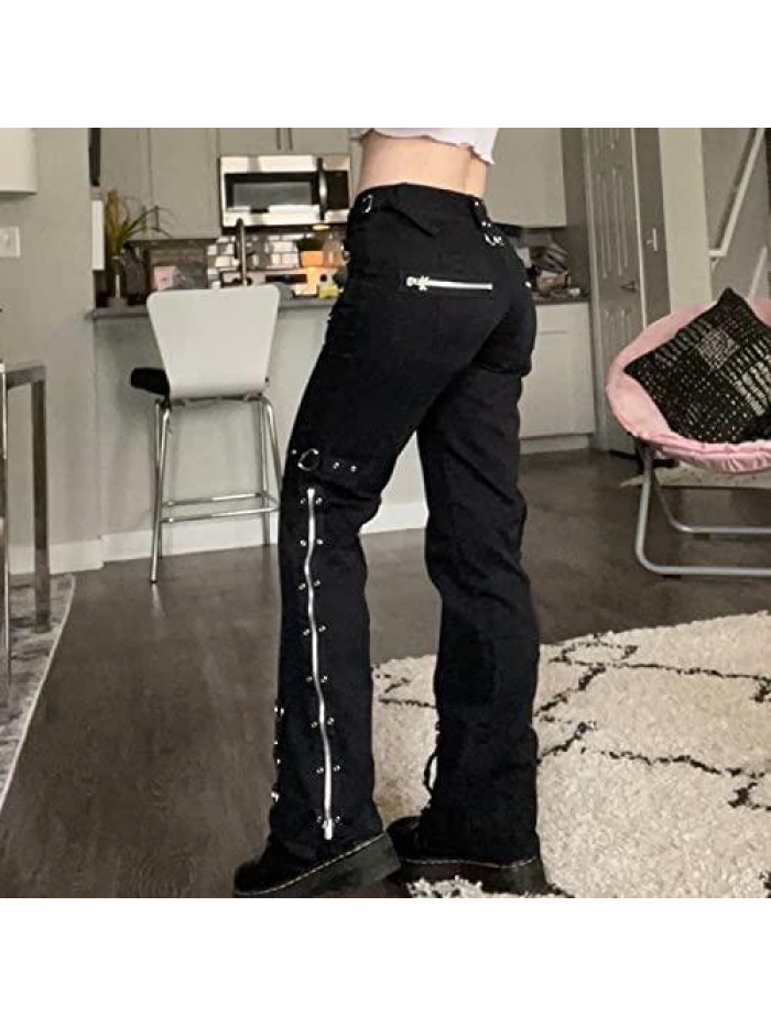 Women Gothic Cargo Pants Wide Straight Leg Low Waist Loose Goth Punk Trousers Harajuku Streetwear 