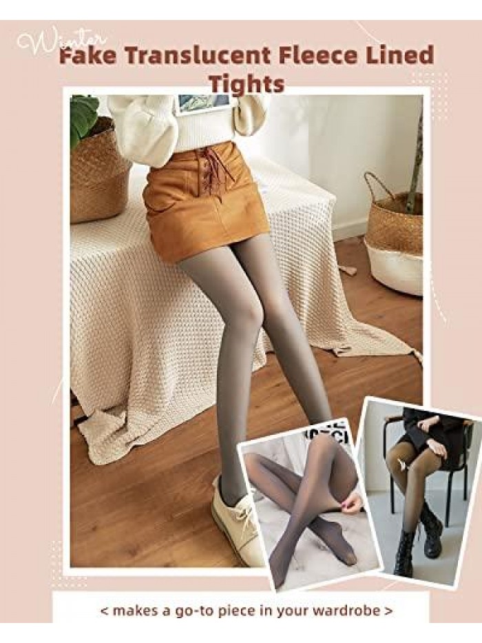 Fleece Lined Tights for Women, High Elastic Warm Thick Fake Translucent Compression Pantyhose Pants Fuzzy Leggings 