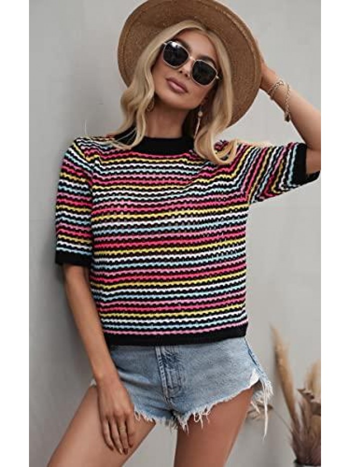 Women's Striped Knitted Shirt Casual Half Sleeve Soft Lightweight Crewneck Sexy Tops Hollow Out Sweater for Women 