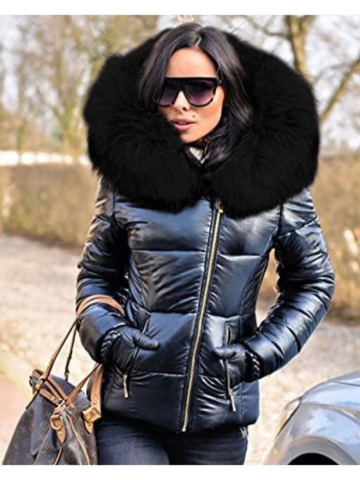 Women's Winter Thicken Coat Lightweight Short Down Jacket Quilted Parka with Fur Hood 