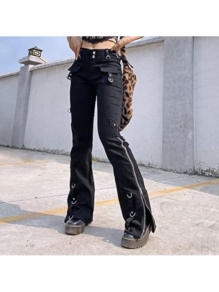 Women Gothic Cargo Pants Wide Straight Leg Low Waist Loose Goth Punk Trousers Harajuku Streetwear 