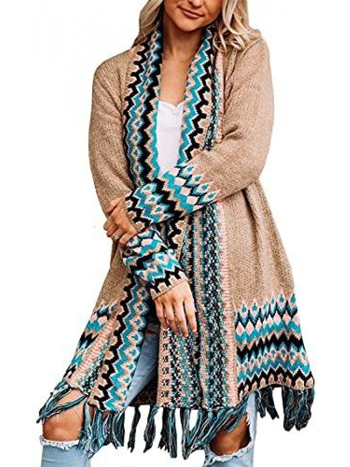 Plus Size Long Cardigans Boho Open Front Aztec Tribal Chunky Loose Sweaters with Tassels 