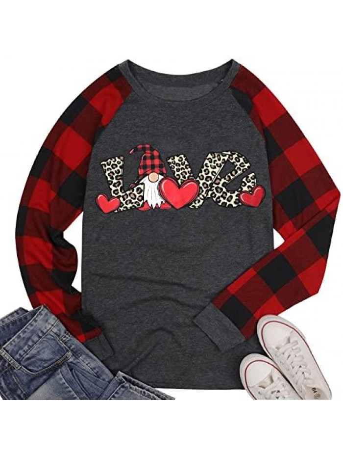 Day Shirts for Women Buffalo Plaid Gnomes T-Shirt Love Heart Print Graphic Tees Tops 