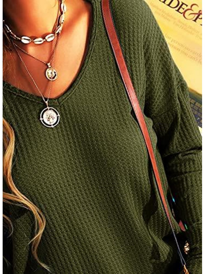 Women Casual V-Neck Long Sleeve Waffle Knit T-Shirt Solid Color Casual Basic Shirt Tops 