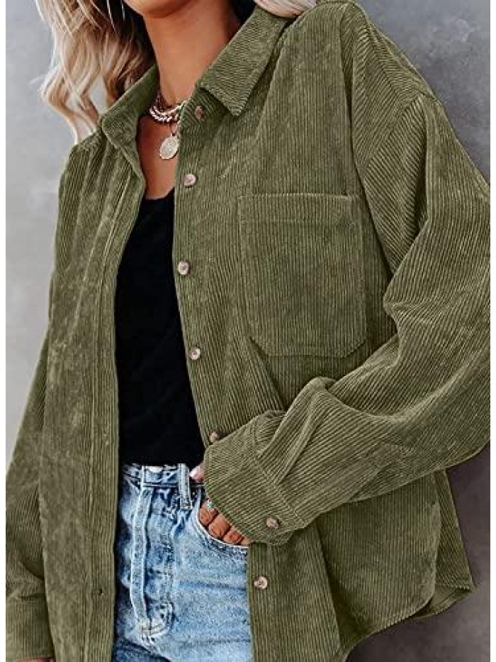 Women's Corduroy Shirt Long Sleeve Button Down Blouse Casual Oversized Jacket with Pocket 