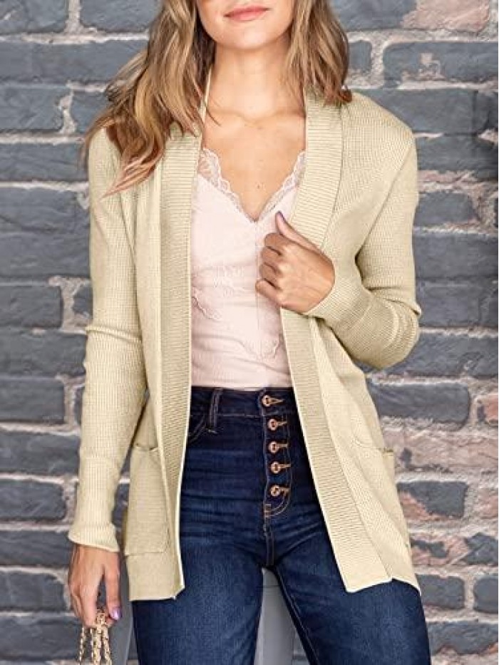 Womens Long Sleeve Casual Loose Knit Open Front Solid Soft Chunky Sweater Cardigan with Pocket 