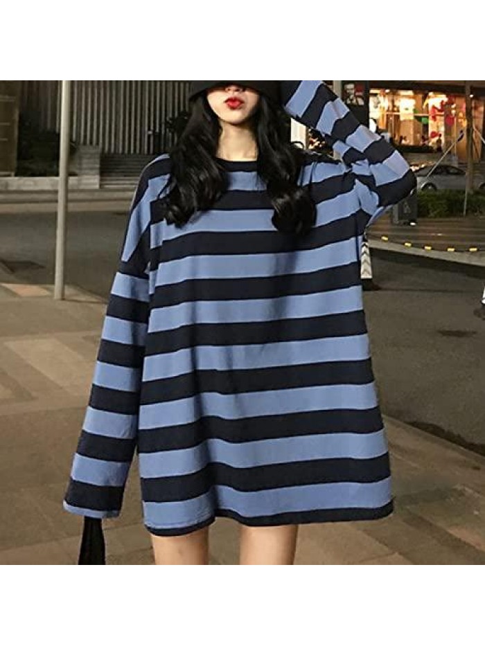 Harajuku Oversized Stripe Casual Long Sleeves Crewneck T-Shirt Tee Tops 