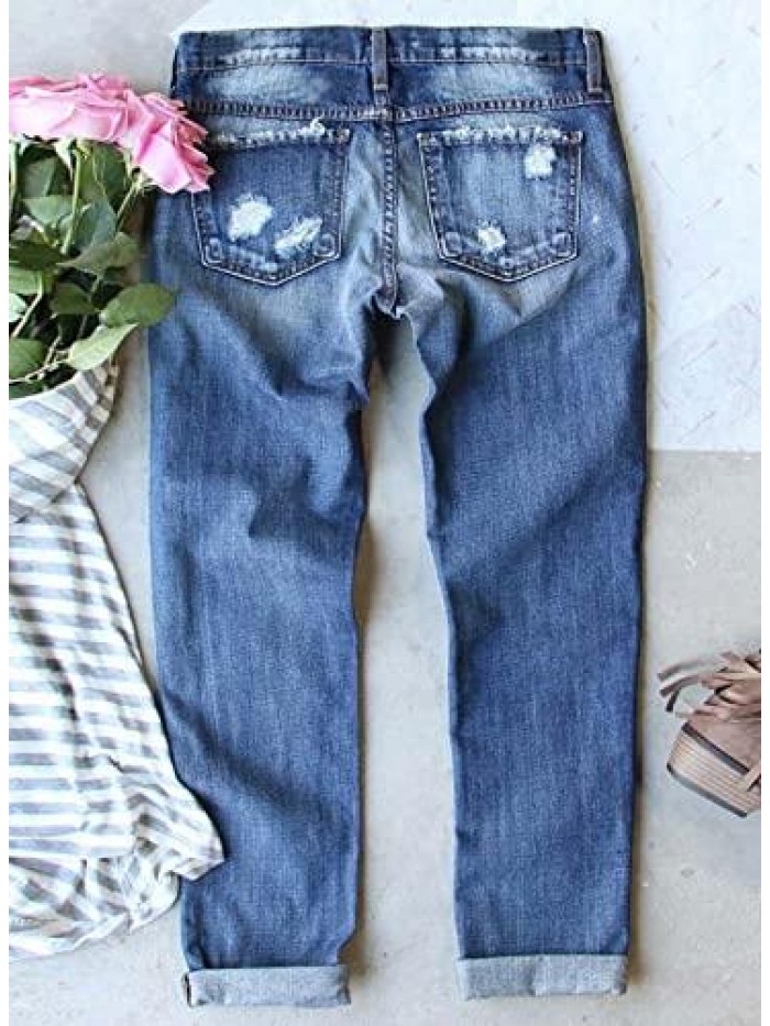 Ripped Jeans for Women Plaid Patch Boyfriend Skinny Distressed Denim Jean Pants 