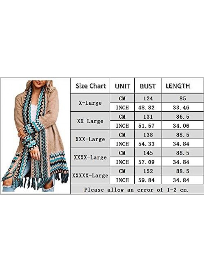 Plus Size Long Cardigans Boho Open Front Aztec Tribal Chunky Loose Sweaters with Tassels 