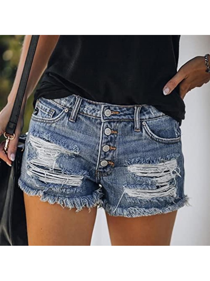 Low Rise Short Jeans Summer Soft Comfy Stretchy Button Ripped Frayed Distressed Casual Denim Shorts Hot Pants 