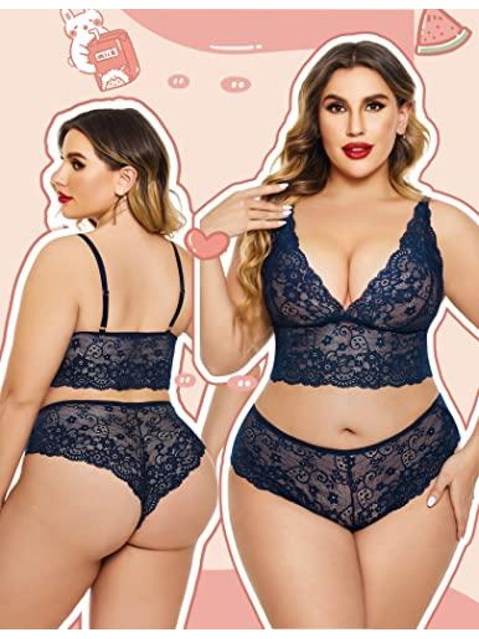 Plus Size Lingerie Set Lace Bralette and Panty Set High Waist Babydoll 