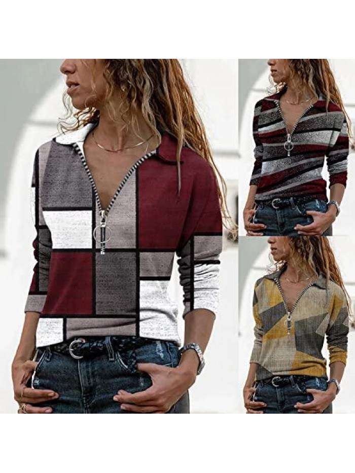 Womens Zipper V-Neck T-Shirts Long Sleeve Casual Spring Pullover Lapel Polo Shirts Slim Fit Lightweight Blouses 