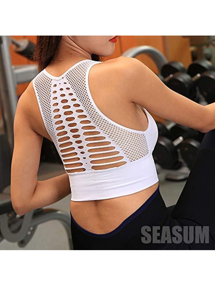 Women's Longline Sport Bra Seamless Yoga Crop Top Medium-Low Support Workout Bra 