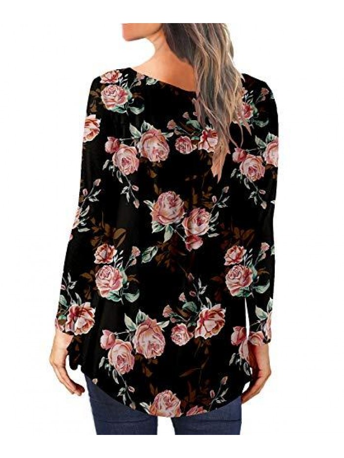 Women's Floral Tunic Tops Casual Blouse V Neck Long Sleeve Buttons Up T-Shirts 