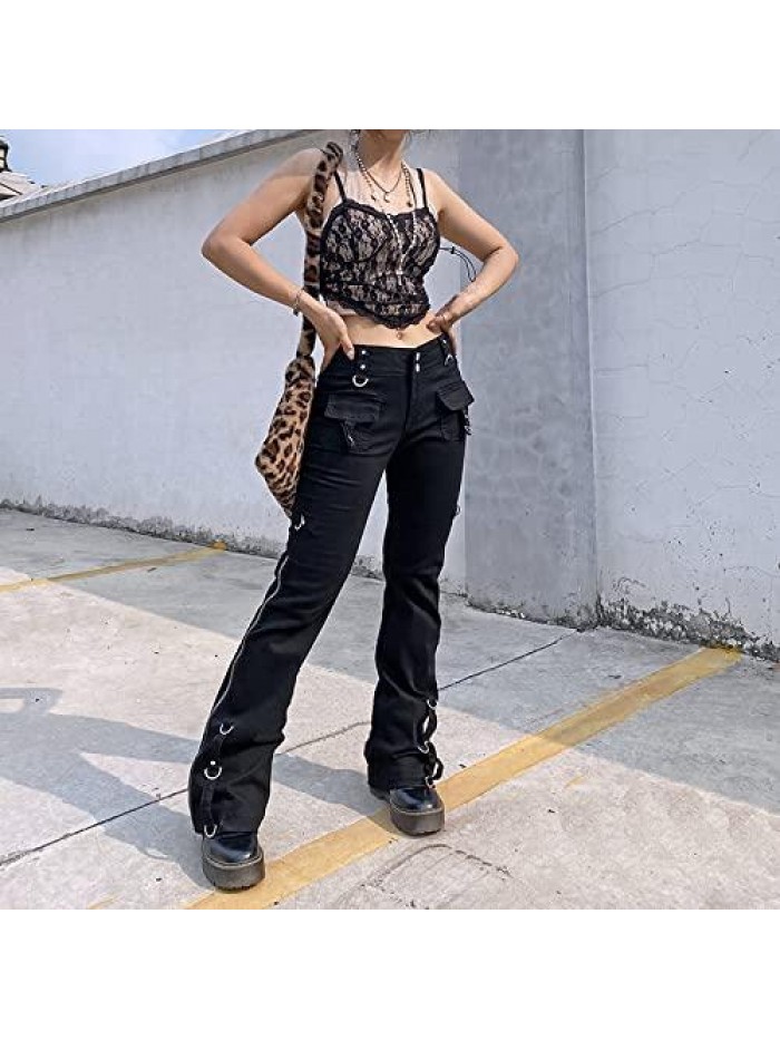 Women Gothic Cargo Pants Wide Straight Leg Low Waist Loose Goth Punk Trousers Harajuku Streetwear 