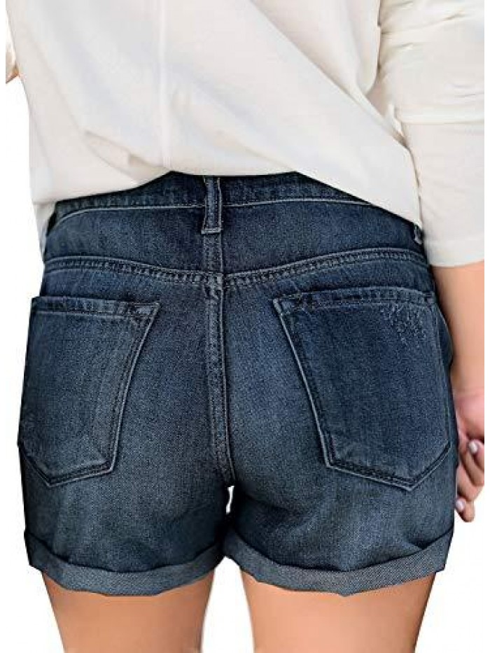 Women's Ripped High Waisted Denim Shorts Stretchy Cuffed Hem Jean Shorts 