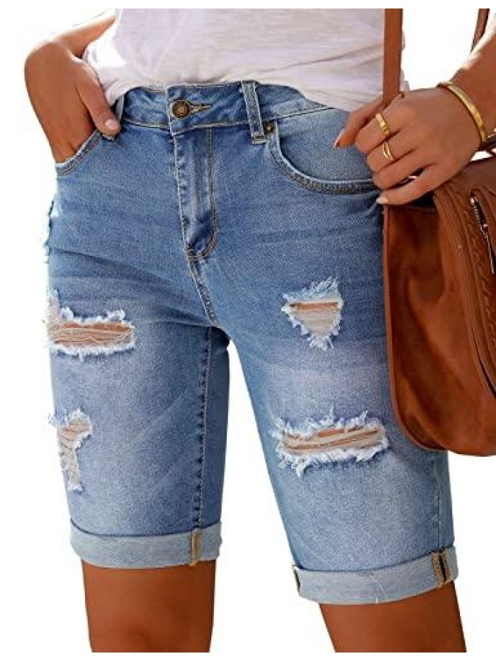 Women's Casual High Waisted Rolled Hem Bermuda Shorts Ripped Denim Jean Shorts 