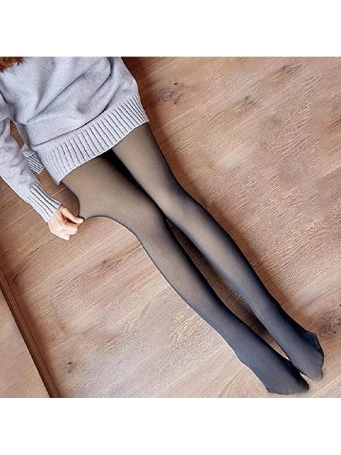 Women Fleece Lined Tights Fake Translucent Thermal Leggings Winter Sheer Warm Pantyhose Footless Tights 