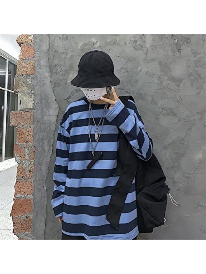 Harajuku Oversized Stripe Casual Long Sleeves Crewneck T-Shirt Tee Tops 