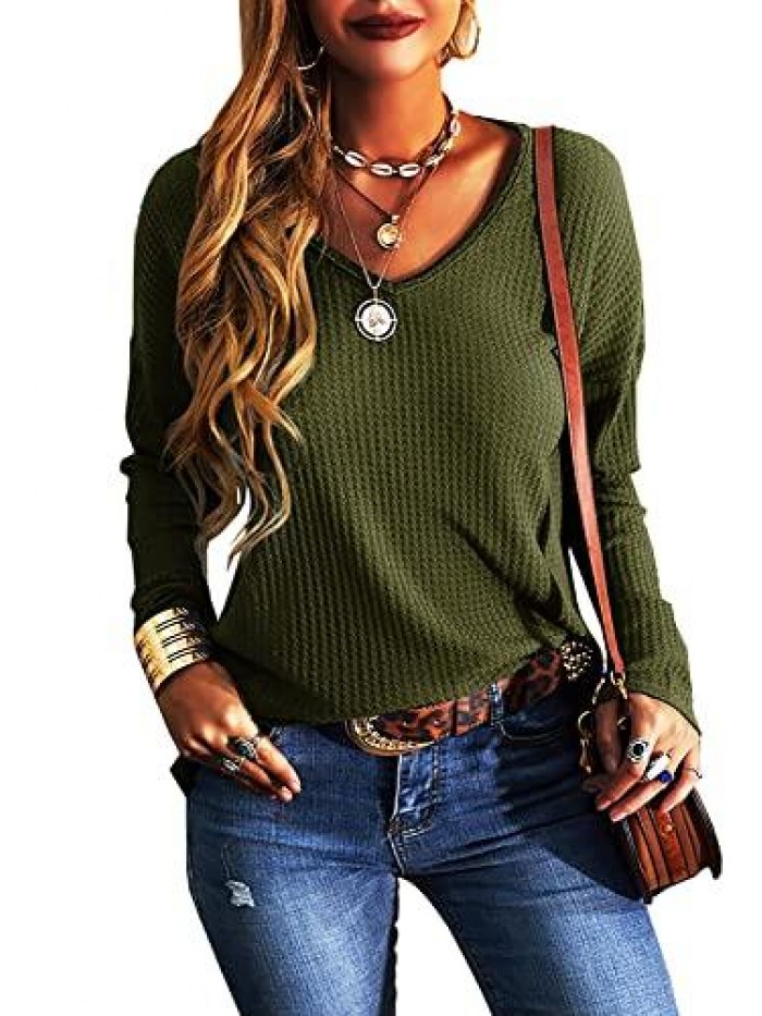 Women Casual V-Neck Long Sleeve Waffle Knit T-Shirt Solid Color Casual Basic Shirt Tops 