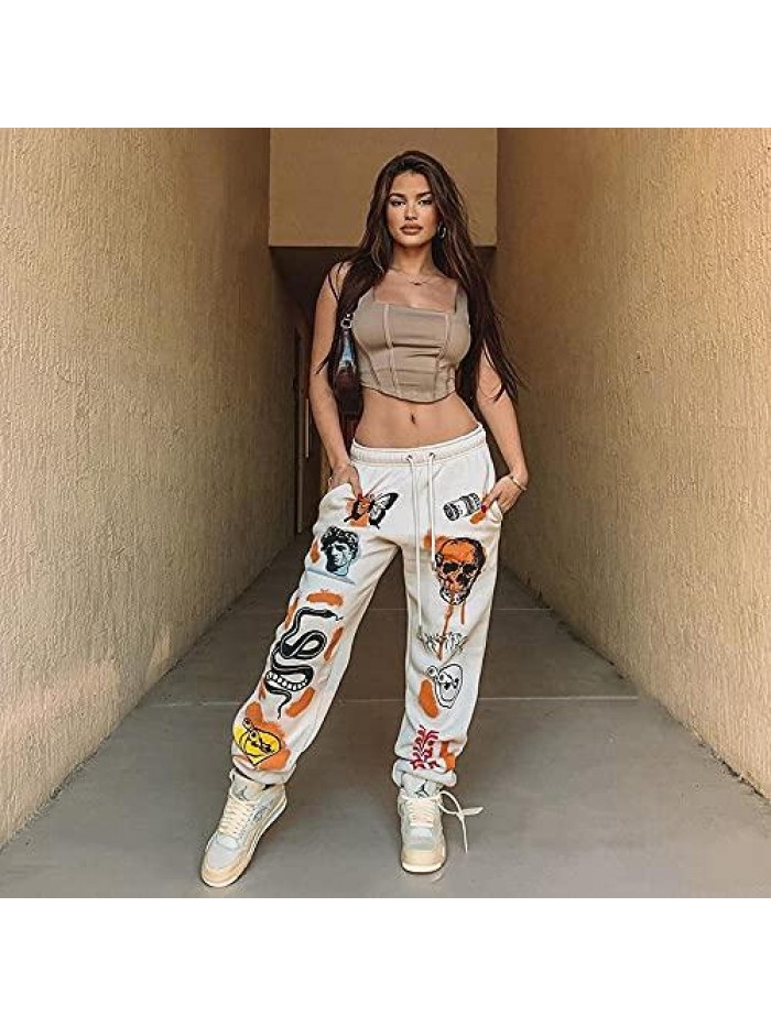 Women's Printed Jogger Pants Elastic Waist Fashion Graphic Hiphop Streetwear Loose Sweatpants with Pockets Trousers 