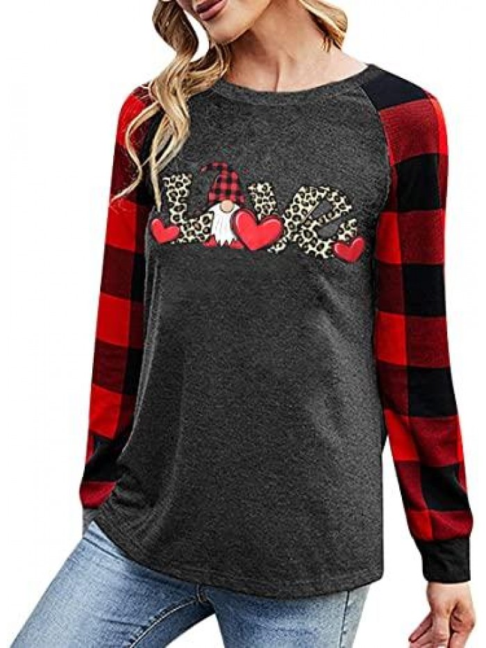 Day Shirts for Women Buffalo Plaid Gnomes T-Shirt Love Heart Print Graphic Tees Tops 