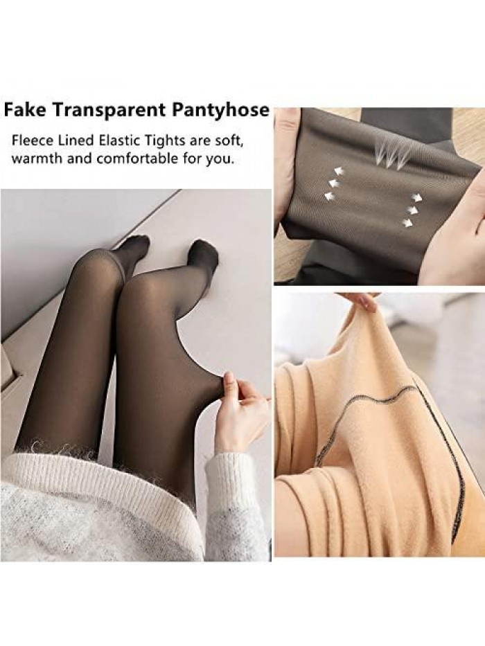 Women's Winter Tights Fleece Lined Pantyhose Opaque Warm Leggings Thicken Fake Translucent Tights Elastic Control Top 