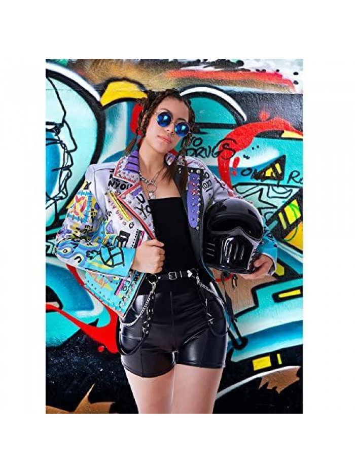 Women's Faux Leather PU Jacket, Graffiti Studded Rivet Punk Biker Moto Fashion Coat with Long Sleeve 